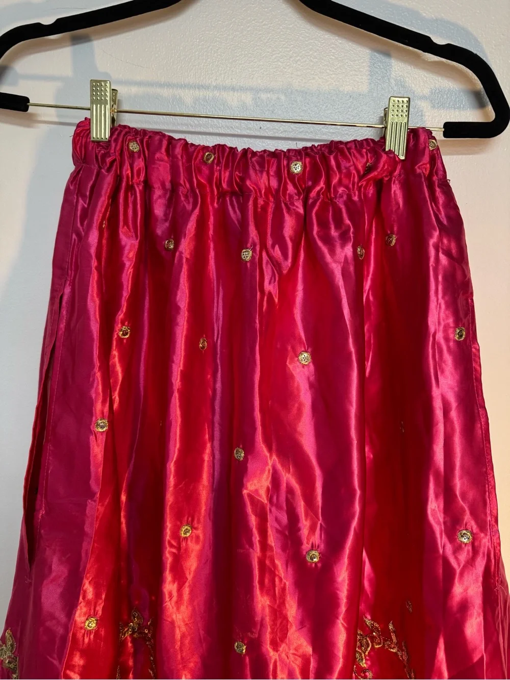 Embroidered Satin Midi Skirt in Hot Pink with Gold Accents - Picture 2 of 8
